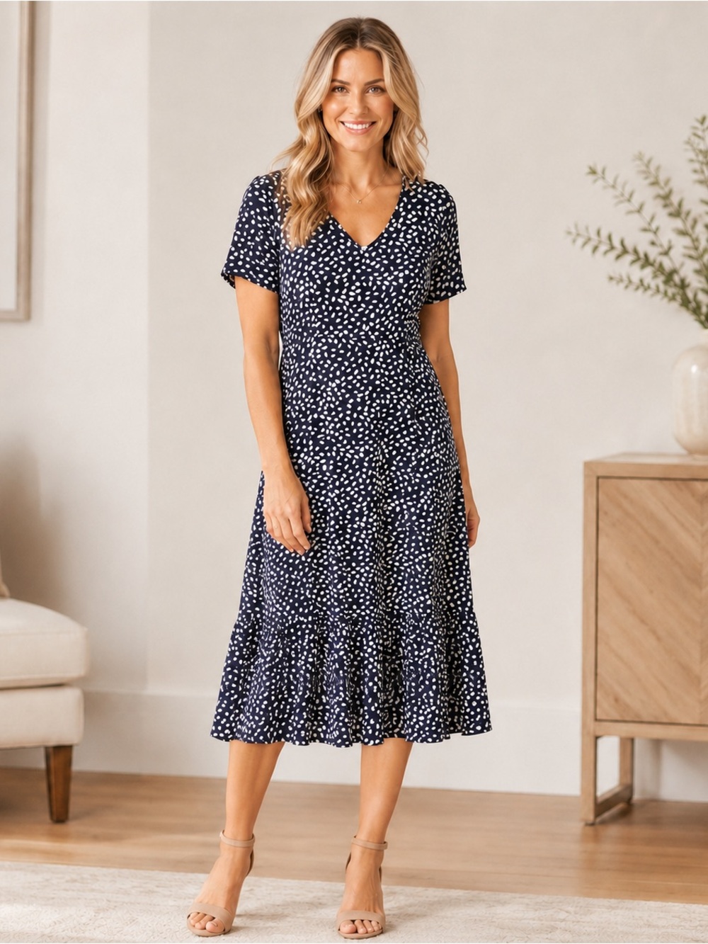 Navy and White Dot V-Neck Midi Dress
